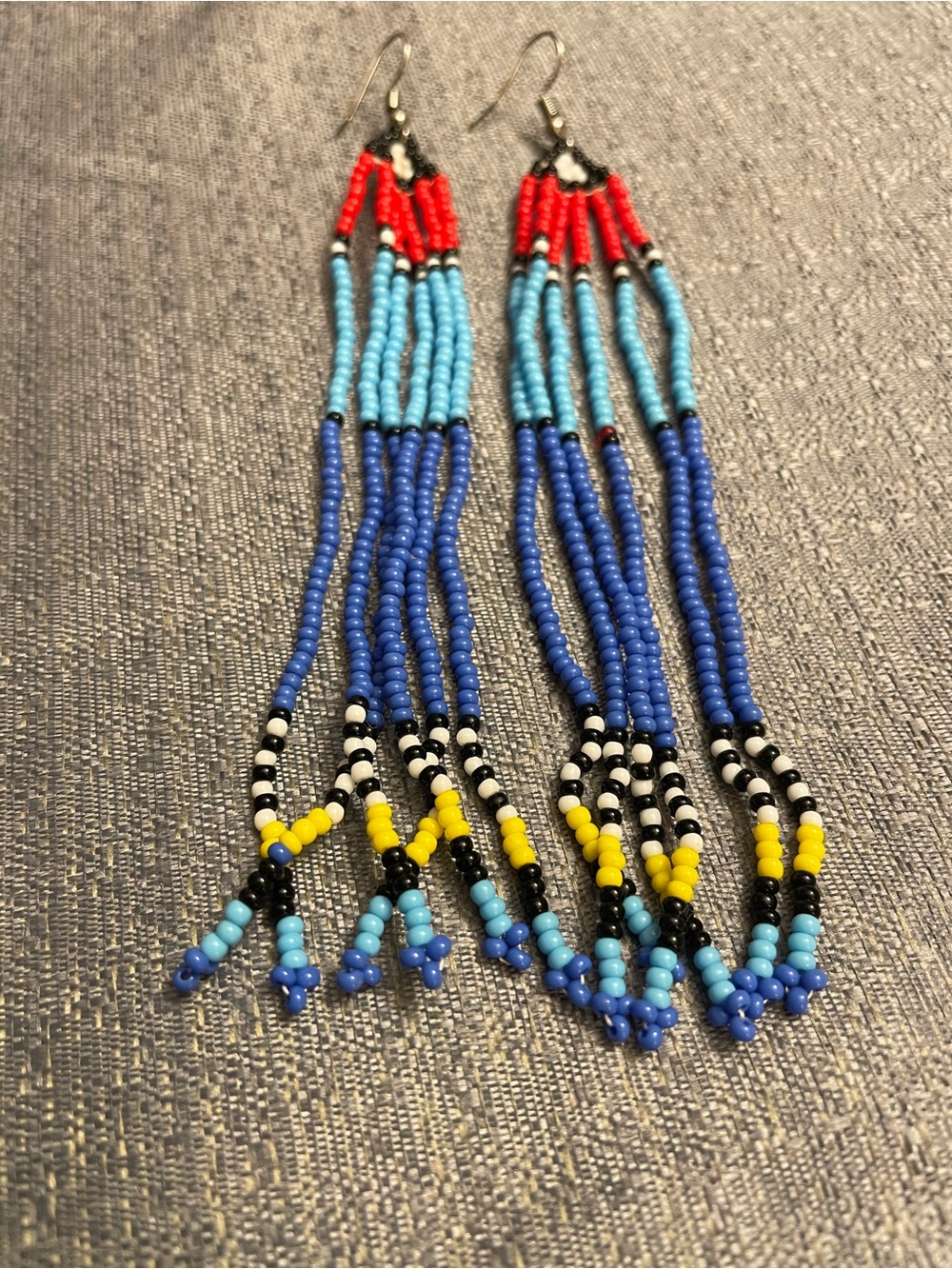 Handmade Multicolor Beaded Fringe Earrings – Blue, Red & Yellow - Picture 3 of 5
